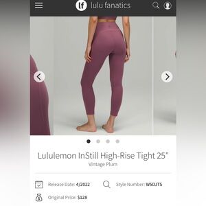 Lululemon InStill High Rise Leggings, Size 4